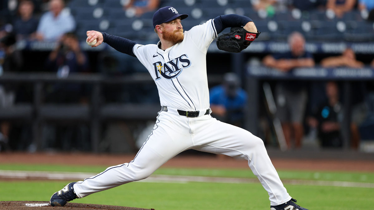 Tampa Bay Rays starting pitcher Drew Rasmussen (57) throws a pitch against the Texas Rangers in the first inning at George M. Steinbrenner Field.