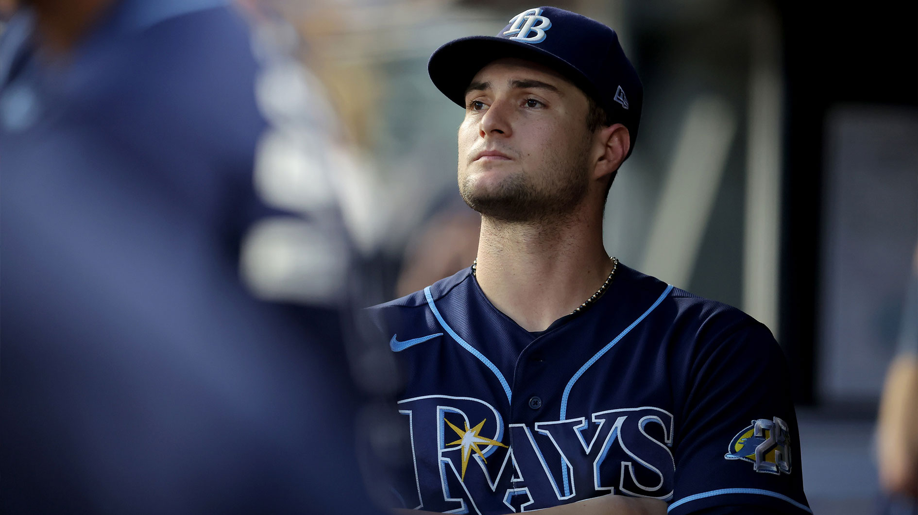 Tampa Bay Rays starting pitcher Shane McClanahan (18) reacts in the dugout during the fourth inning against the New York Yankees at Yankee Stadium.