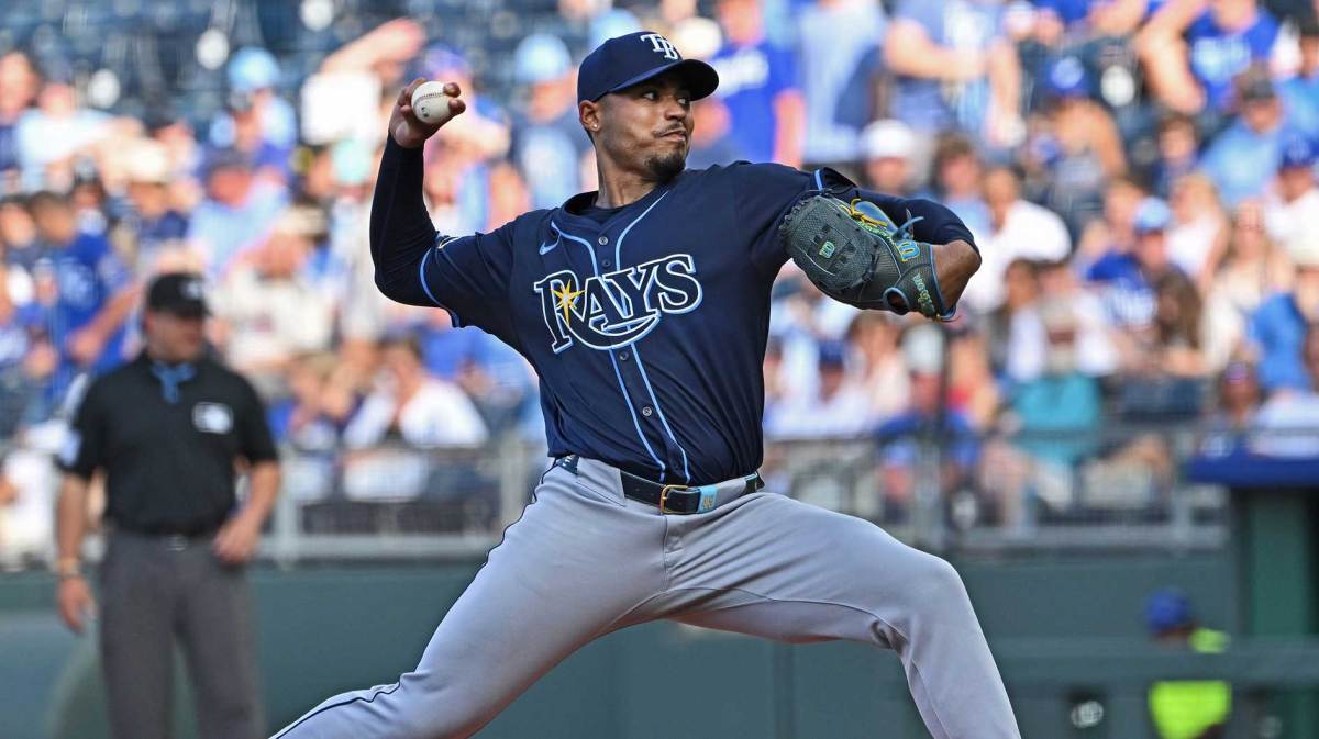 Tampa Bay Rays starting pitcher Taj Bradley (45) throws a pitch in the first inning against the Kansas City Royals at Kauffman Stadium. Sternberg