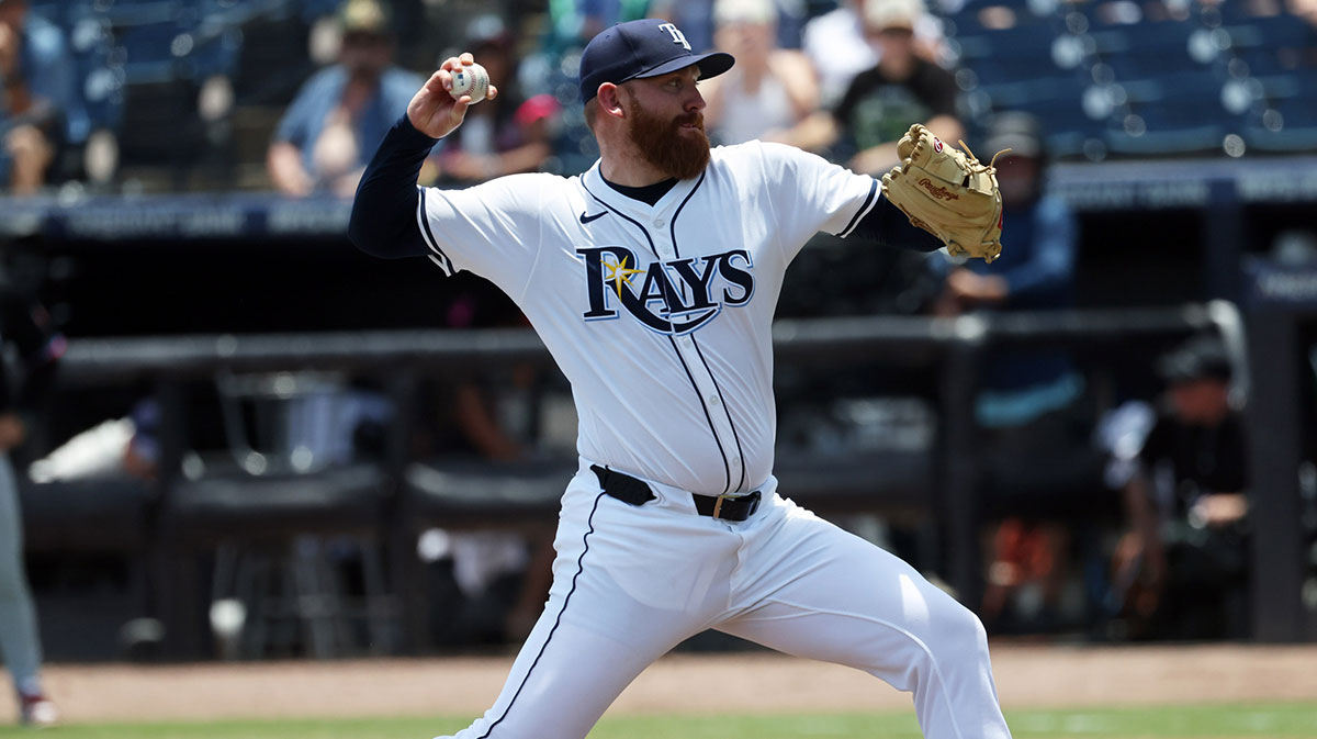 Tampa Bay Rays starting pitcher Zack Littell (52) throws a pitch against the Miami Marlins during the first inning at George M. Steinbrenner Field.