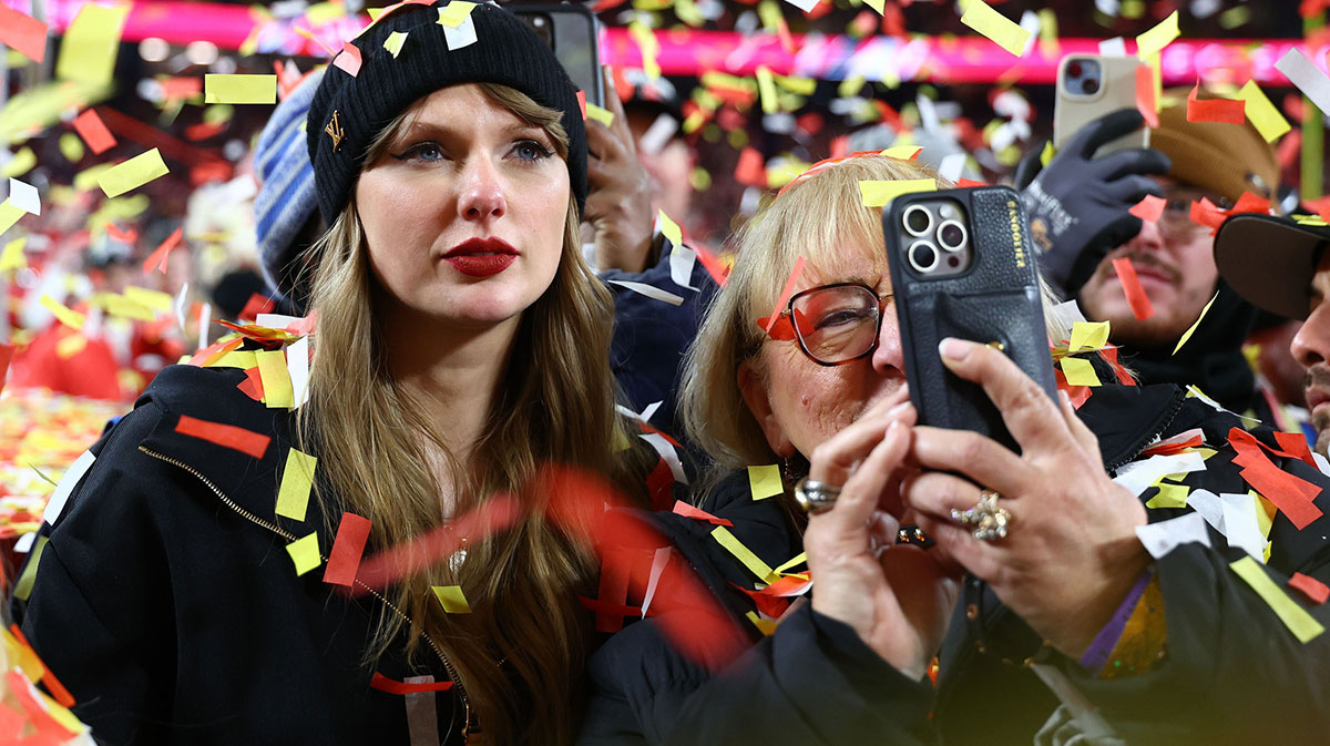 Taylor Swift, who surprised her boyfriend at the Tight End University afterparty, and Donna Kelce supporting Travis Kelce and the Kansas City Chiefs at the AFC Championship.