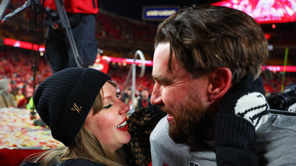 Taylor Swift, who bought back her music masters, and Travis Kelce after the AFC Championship.