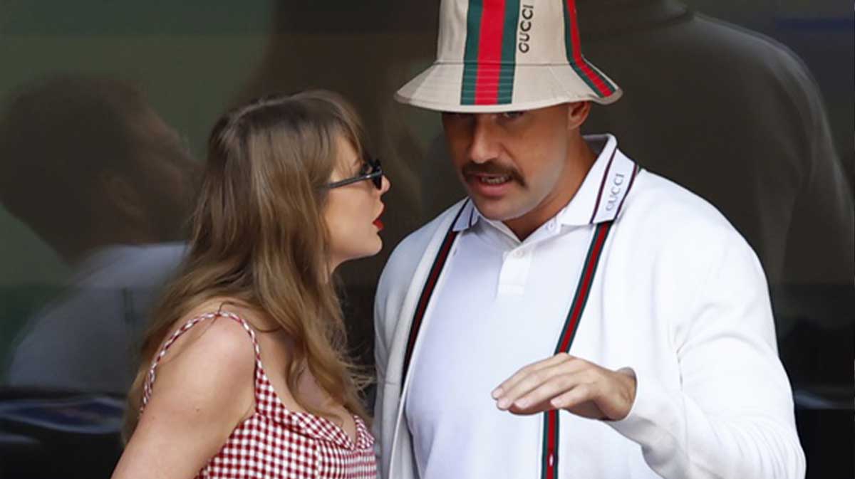 Recording artist Taylor Swift and Kansas City Chiefs tight end Travis Kelce look on in the men’s singles final of the 2024 U.S. Open tennis tournament at USTA Billie Jean King National Tennis Center at Louis Armstrong Stadium.