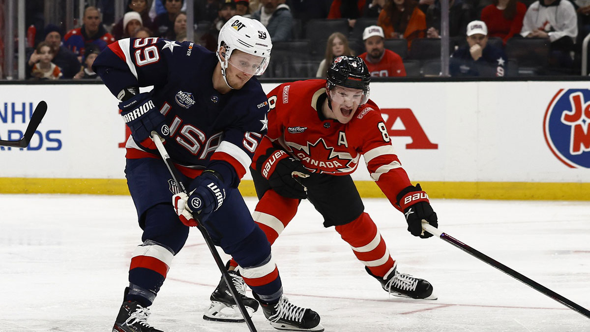 [Imagn Images direct customers only] United States forward Jake Guentzel (59) during the 4 Nations Face-Off ice hockey championship game against Canada at TD Garden