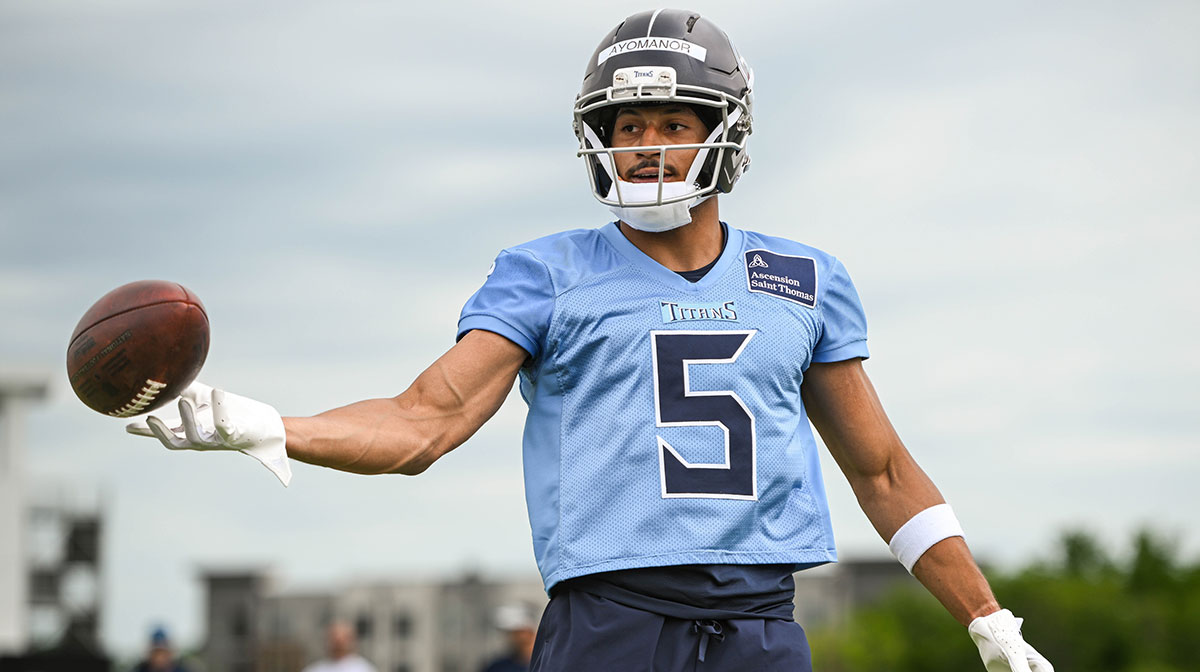Tennessee Titans wider receiver Elic Ayomanor (5) makes a catch as he goes through drills during Rookie Mini Camp at Saint Thomas Sports Park.