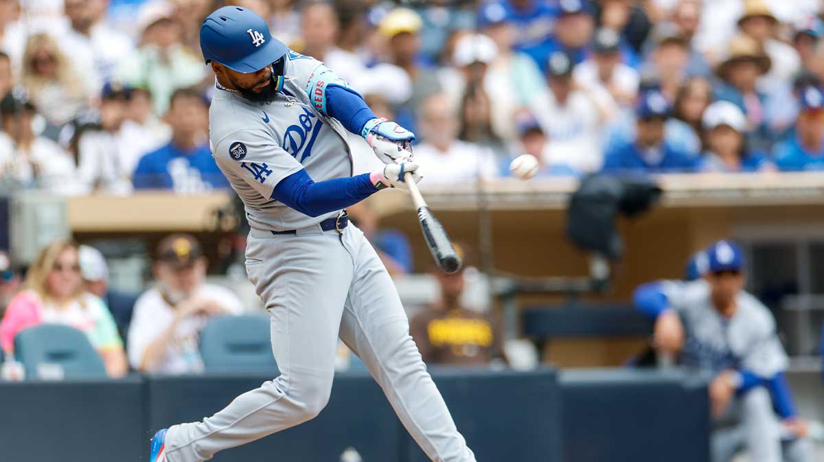 Jun 11, 2025; San Diego, California, USA; Los Angeles Dodgers right fielder Teoscar Hernandez (37) hits a three run home run during the sixth inning against the San Diego Padres at Petco Park.