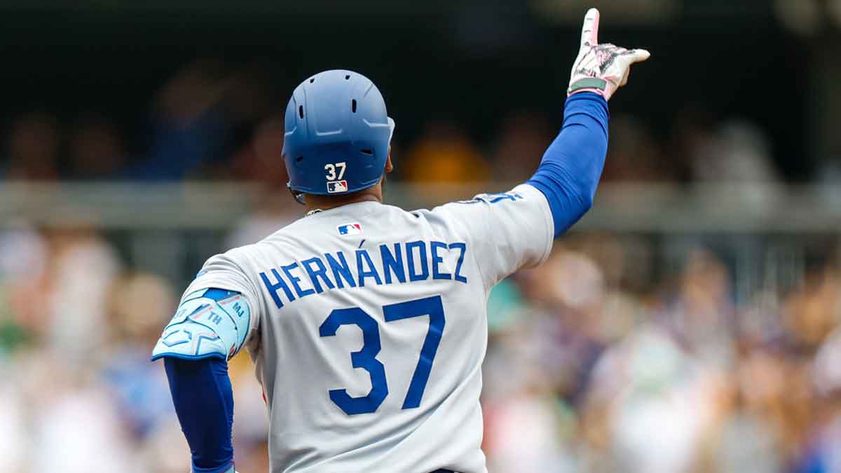 Jun 11, 2025; San Diego, California, USA; Los Angeles Dodgers right fielder Teoscar Hernandez (37) celebrates after hitting a three run home run during the sixth inning against the San Diego Padres at Petco Park. Mandatory Credit: David Frerker-Imagn Images