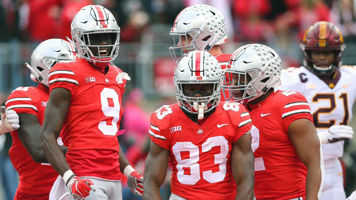 Ohio State Buckeyes wide receiver Terry McLaurin (83) celebrates his touchdown with Binjimen Victor (9) during the first quarter against the Minnesota Golden Gophers at Ohio Stadium.