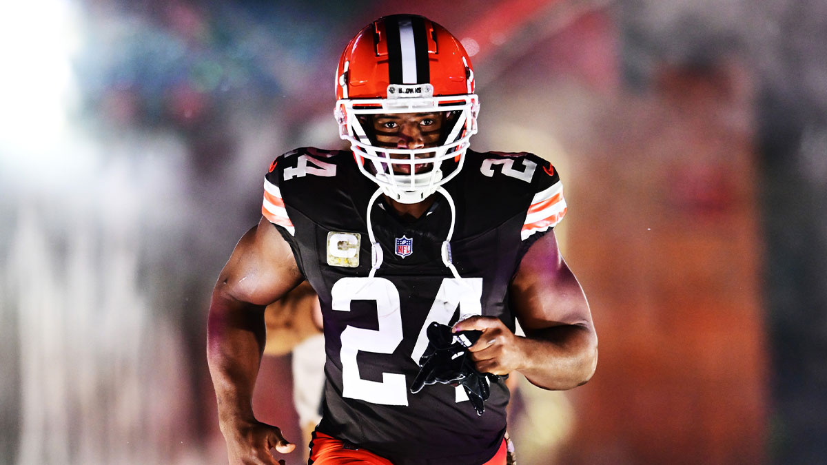 Cleveland Browns running back Nick Chubb (24) is introduced before the game between the Browns and the Pittsburgh Steelers at Huntington Bank Field.