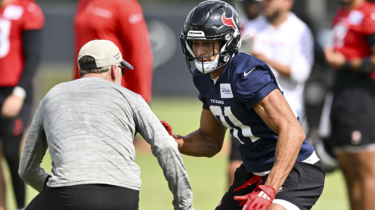 Houston Texans wide receiver Jayden Higgins (81) participates in a drill during an NFL football minicamp at NRG Stadium.