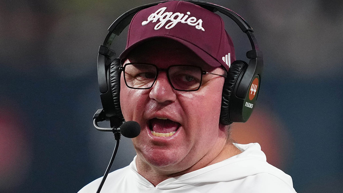 Texas A&M Aggies head coach Mike Elko reacts against the Southern California Trojans in the second half at Allegiant Stadium.