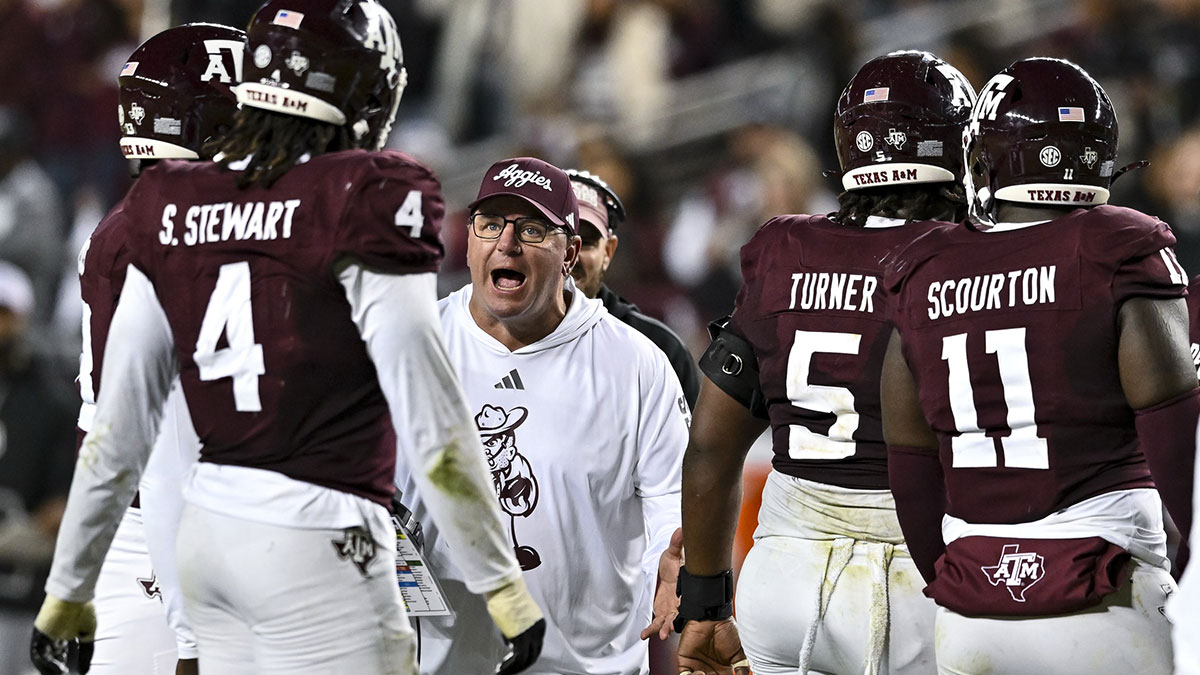 Texas A&M Aggies head coach Mike Elko reacts during the second half against the Texas Longhorns. The Longhorns defeated the Aggies 17-7. at Kyle Field.