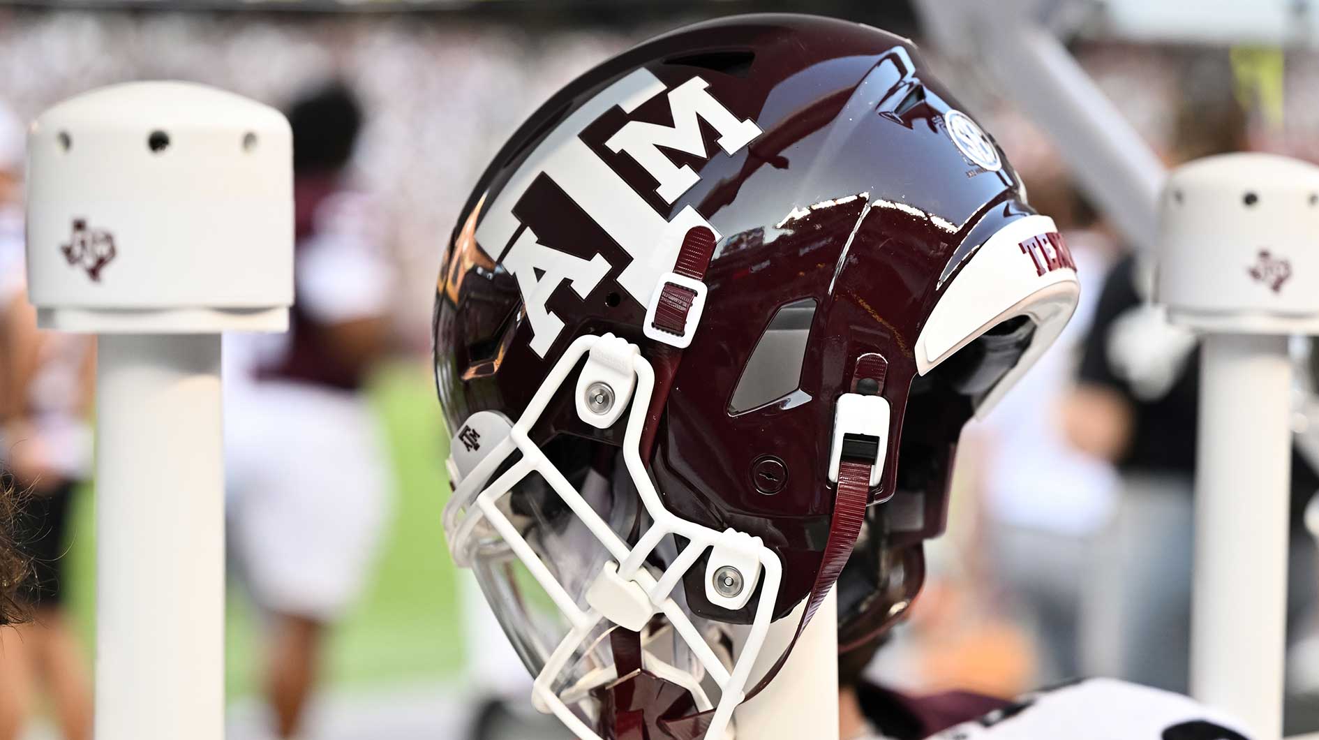 A detail view of a Texas A&M Aggies helmet on the sideline during the game against the Bowling Green Falcons at Kyle Field.