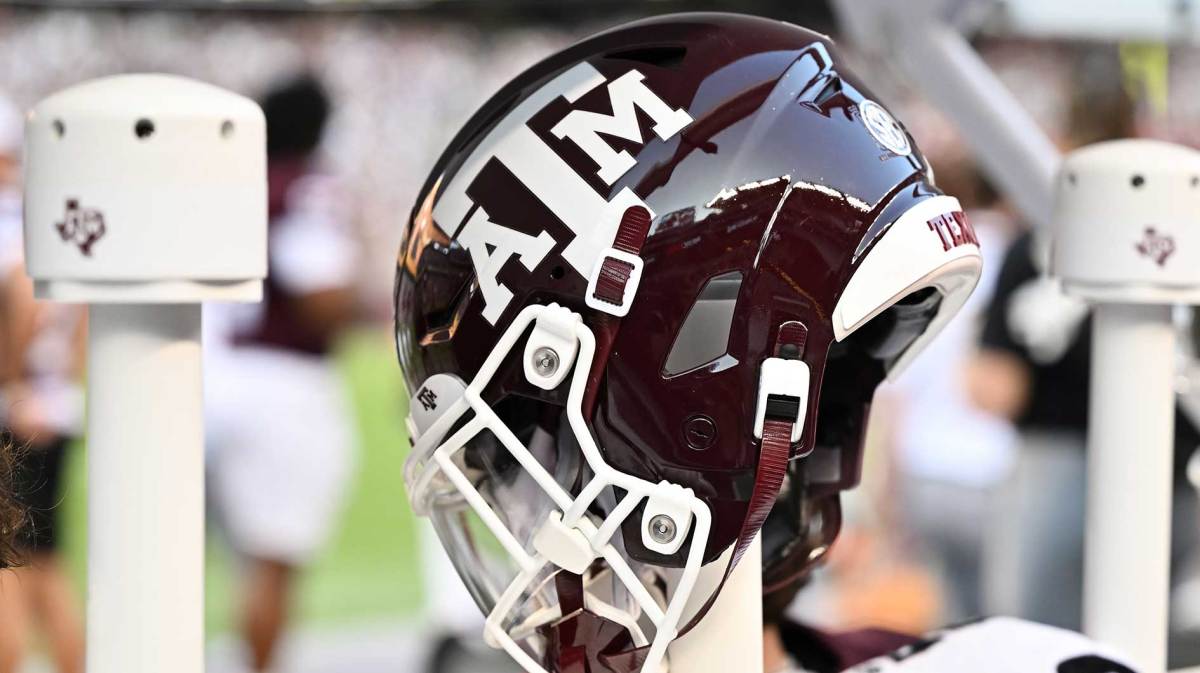 A detail view of a Texas A&M Aggies helmet on the sideline during the game against the Bowling Green Falcons at Kyle Field.