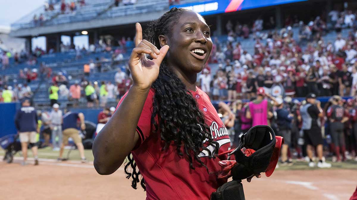 Texas Tech Red Raiders pitcher NiJaree Canady (24) acknowledges the fans after her team defeated the Oklahoma Sooners 3-2 and advance to play Texas in the finals during the NCAA Softball Women's College World Series semifinal game.