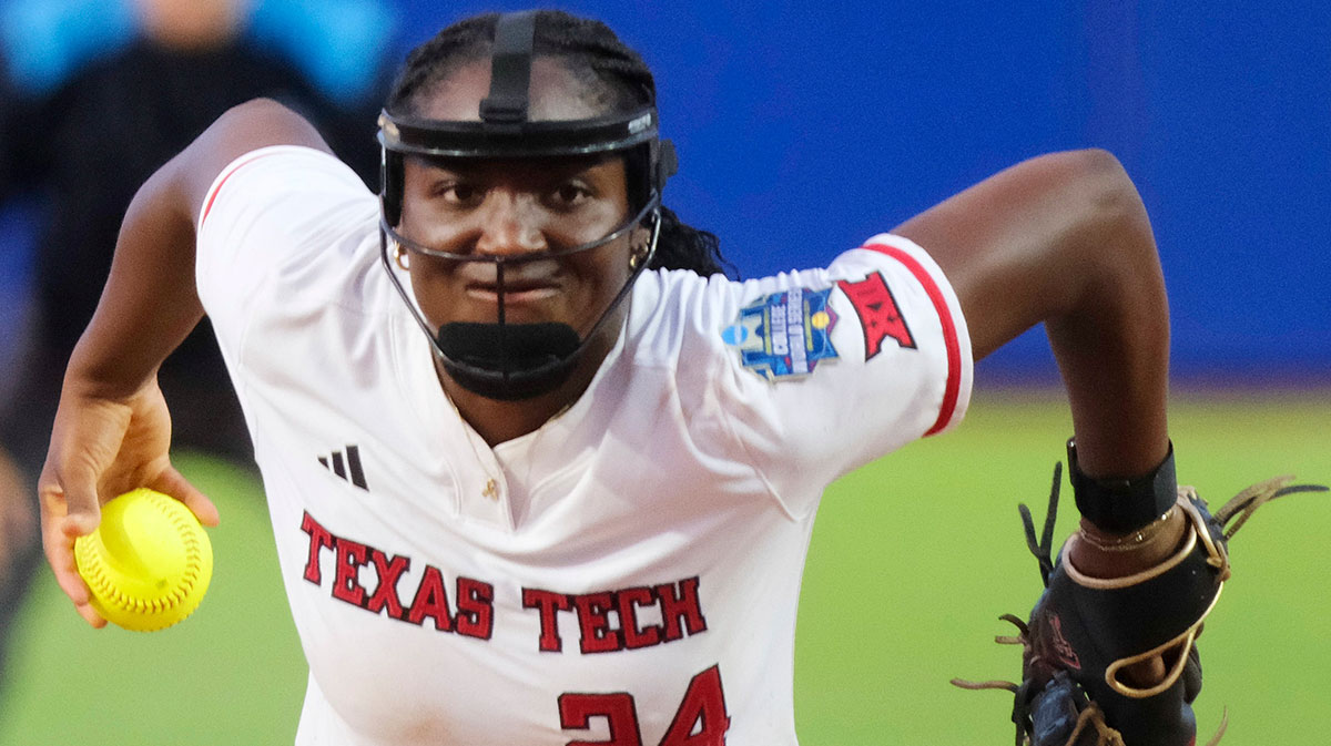 Texas Tech starting pitcher NiJaree Canady (24) in Game 2 of the Women's College World Series championship series between the Texas Longhorns at Texas Tech Red Raiders at Devon Park