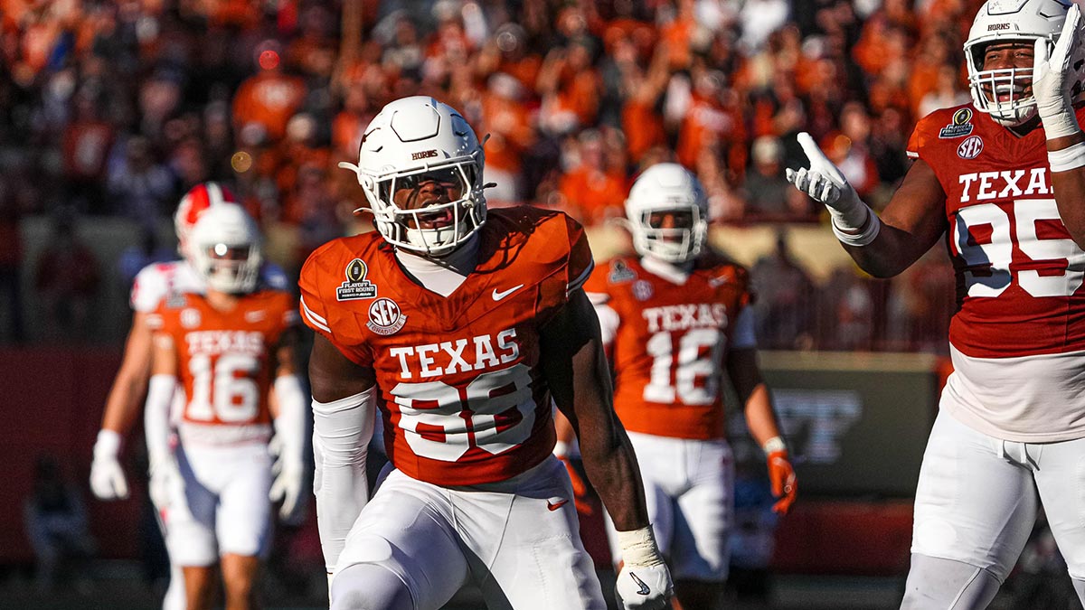 Texas Longhorns edge rusher Barryn Sorrell (88) celebrates a sack on Clemson quarterback Cade Klubnik (2) during the first round of the College Football Playoffs at Darrell K Royal-Texas Memorial Stadium on Saturday, Dec. 21, 2024.
