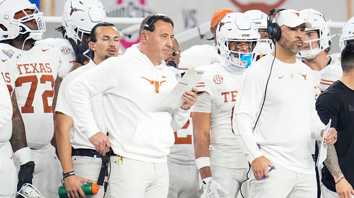 Texas Longhorns head coach Steve Sarkisian watches from the sideline during the first half of the Cotton Bowl Classic College Football Playoff semifinal game against the Ohio State Buckeyes at AT&T Stadium in Arlington, Texas on Jan. 10, 2025.