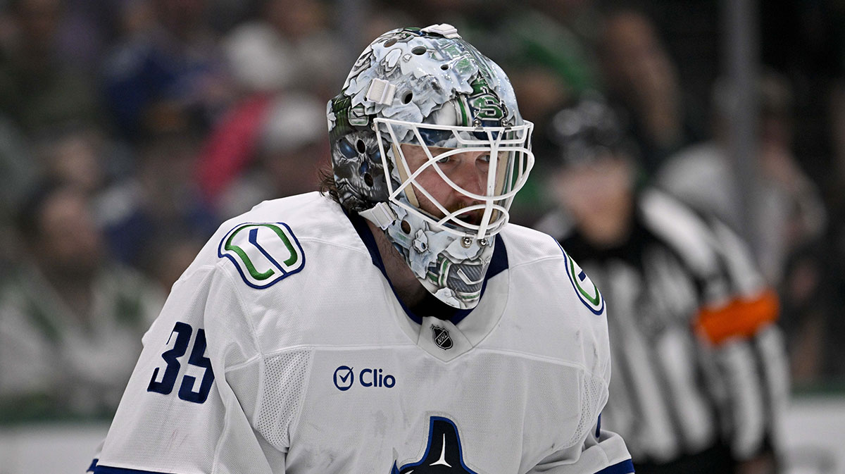 Vancouver Canucks goaltender Thatcher Demko (35) faces the Dallas Stars attack during the second period at the American Airlines Center.