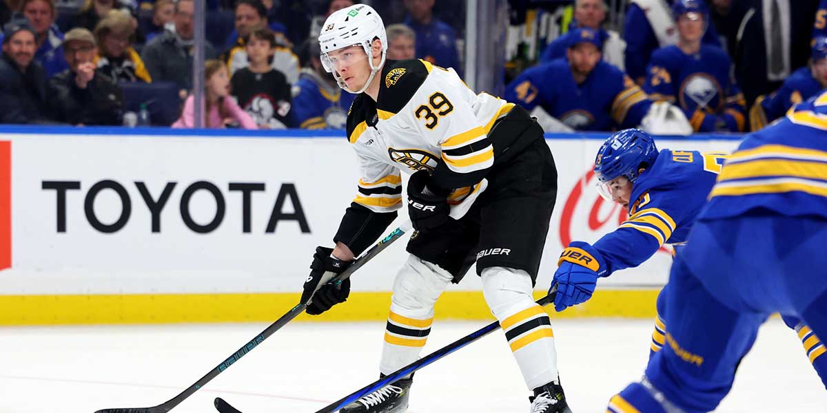 Boston Bruins center Morgan Geekie (39) looks to take a shot on goal during the first period against the Buffalo Sabres at KeyBank Center.