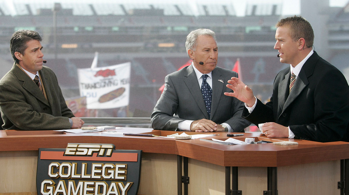 ESPN College GameDay is a weekly television program that airs during the college football season. The hosts are Kirk Herbstreit, Lee Corso, and Chris Fowler. The production was in Fayetteville, Arkansas Nov. 12 for the Arkansas/Tennessee game.