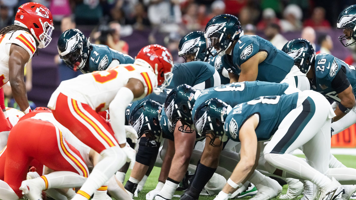 Philadelphia Eagles quarterback Jalen Hurts (1) lines up for the tush push play on the goal line against the Kansas City Chiefs during Super Bowl LIX at Ceasars Superdome.