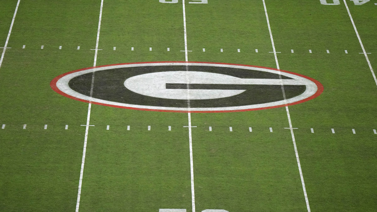 The Georgia Bulldogs logo at midfield at Sanford Stadium. Mandatory Credit:
