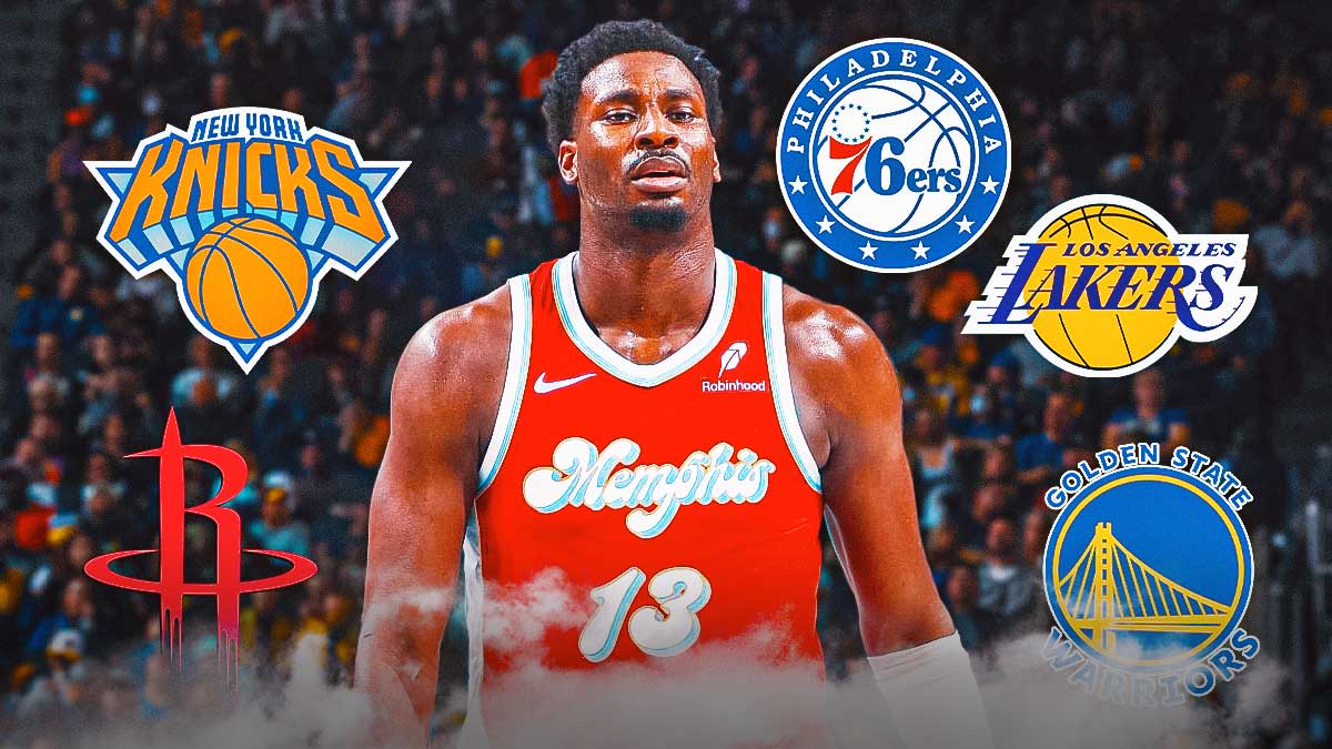Grizzlies' Jaren Jackson Jr. looking frustrated, with 76ers, Lakers, Warriors, Rockets, Knicks logos around him