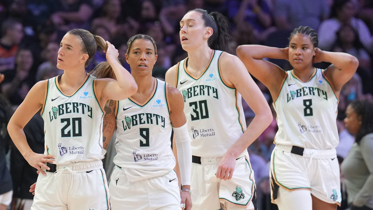 New York Liberty guard Sabrina Ionescu (20) and New York Liberty guard Natasha Cloud (9) and New York Liberty forward Breanna Stewart (30) and New York Liberty center Nyara Sabally (8) look on against the Phoenix Mercury during the second half at Footprint Center.