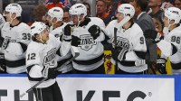 The Los Angeles Kings celebrate a goal by forward Trevor Moore (12) during the first period against the Edmonton Oilers in game four of the first round of the 2025 Stanley Cup Playoffs at Rogers Place