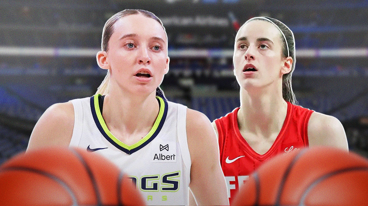Wings Paige Bueckers on left, Fever Caitlin Clark on right. Please place the American Airlines Center in background.