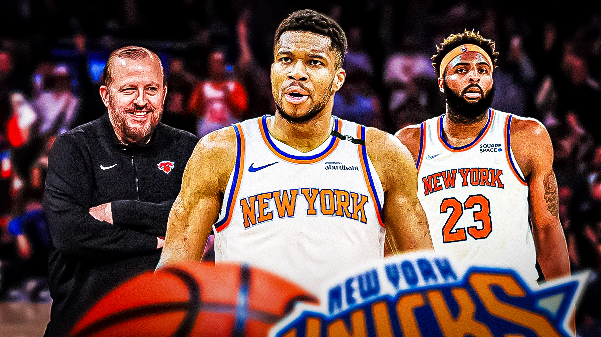 Giannis Antetokounmpo in a Knicks jersey with coach Thibodeau smiling and Mitchell Robinson looking inquisitive
