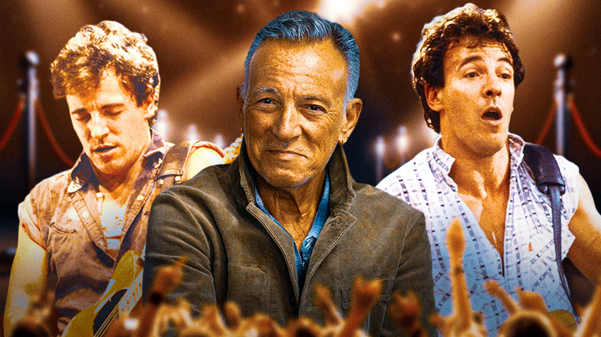 Bruce Springsteen in between pictures of him from other album eras.