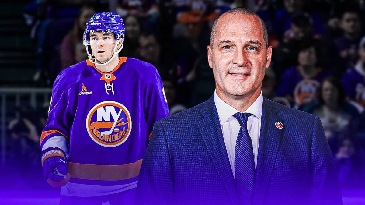 Mathieu Darche as Islanders GM on left. Noah Dobson on right