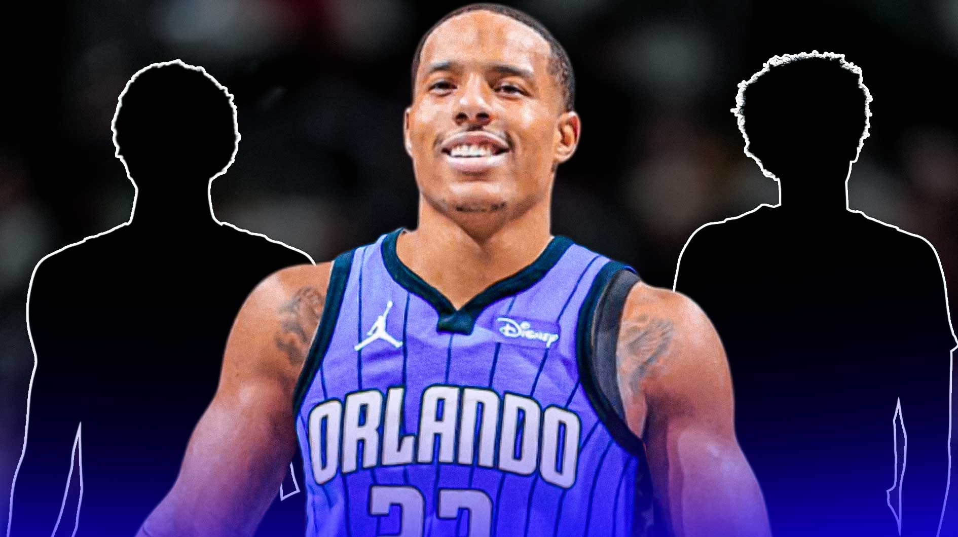 Magic's Desmond Bane smiling in the middle, with silhouettes of Nets' Cam Johnson and Pelicans' Trey Murphy beside him, question marks all over