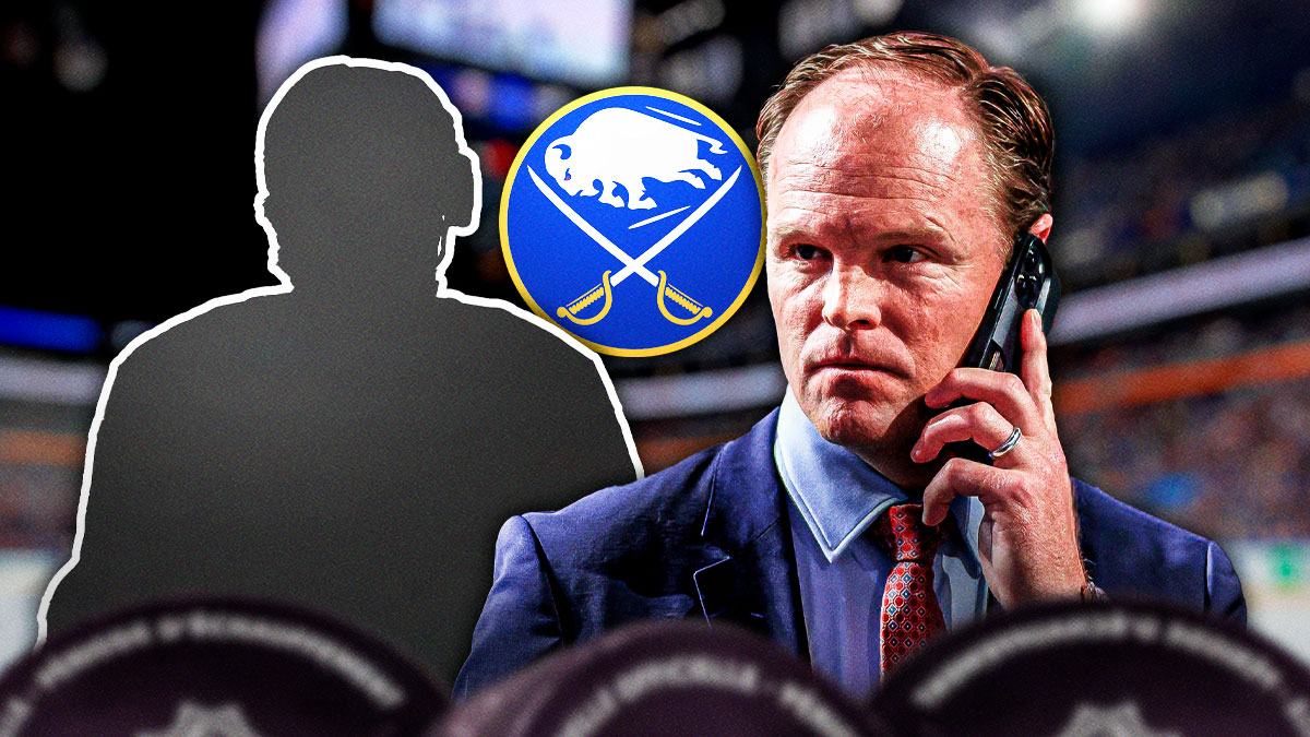 GM Kevyn Adams with a mystery player, sabres logo in the background. NHL trade