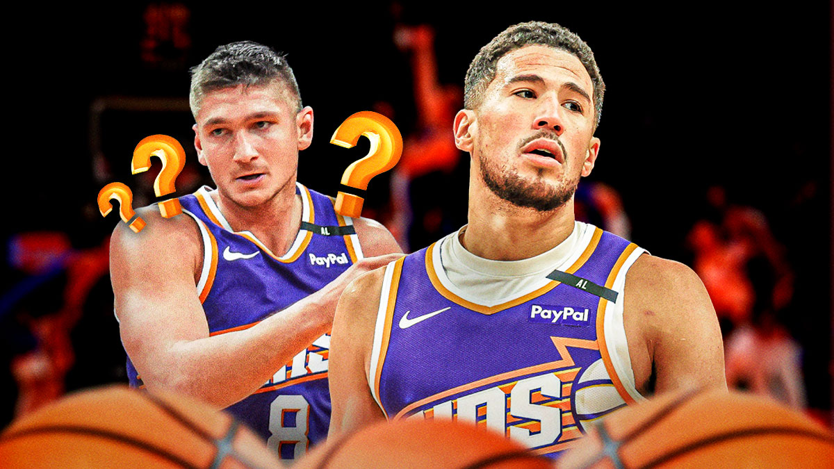 Devin Booker in a Phoenix Suns jersey smiling, with Grayson Allen and Royce O'Neale next to him, with question marks surrounding Allen and O'Neale.