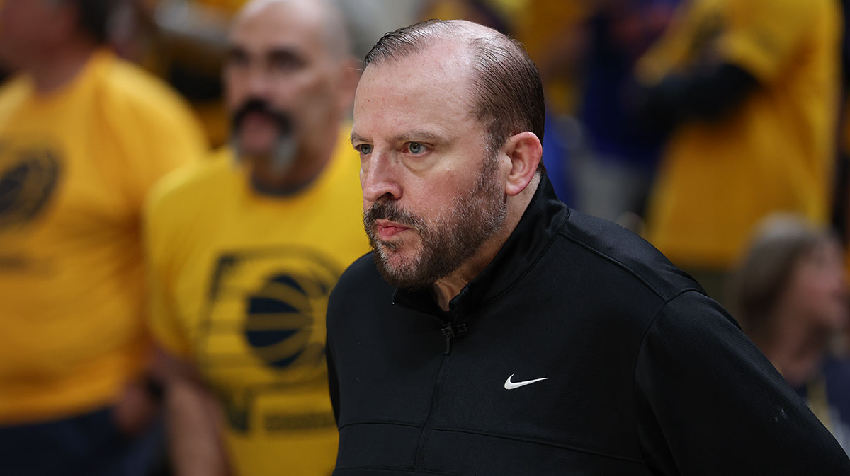 New York Knicks head coach Tom Thibodeau looks on prior to game six of the eastern conference finals against the Indiana Pacers for the 2025 NBA Playoffs at Gainbridge Fieldhouse.