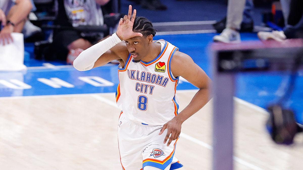 Thunder forward Jalen Williams (8) celebrates during the fourth quarter against the Indiana Pacers in game five of the 2025 NBA Finals at Paycom Center