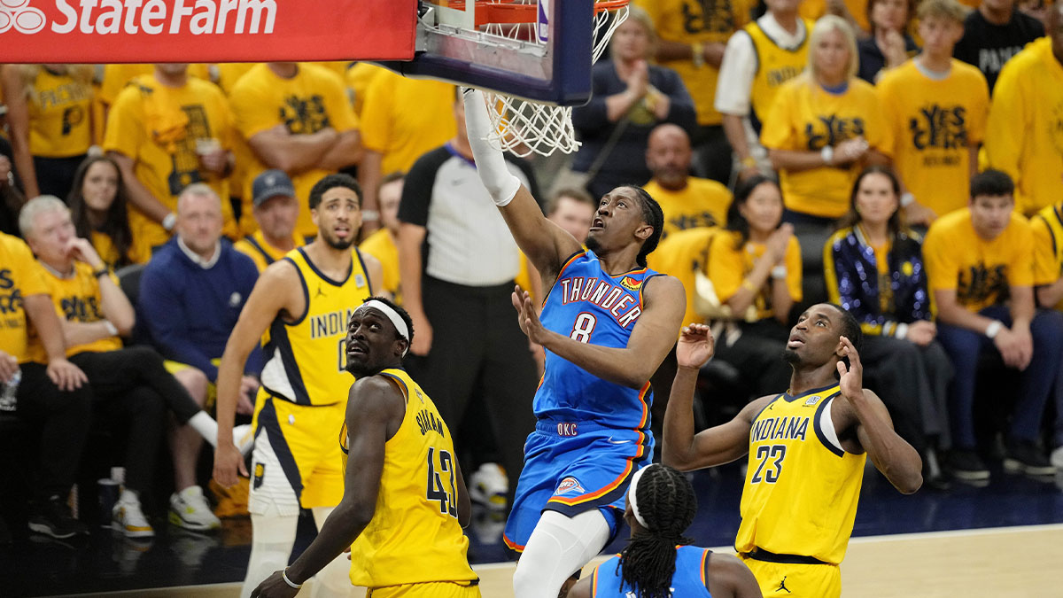 Thunder forward Jalen Williams (8) shoots the ball against the Indiana Pacers during the first half of game six of the 2025 NBA Finals between the Oklahoma City Thunder and the Indiana Pacers at Gainbridge Fieldhouse