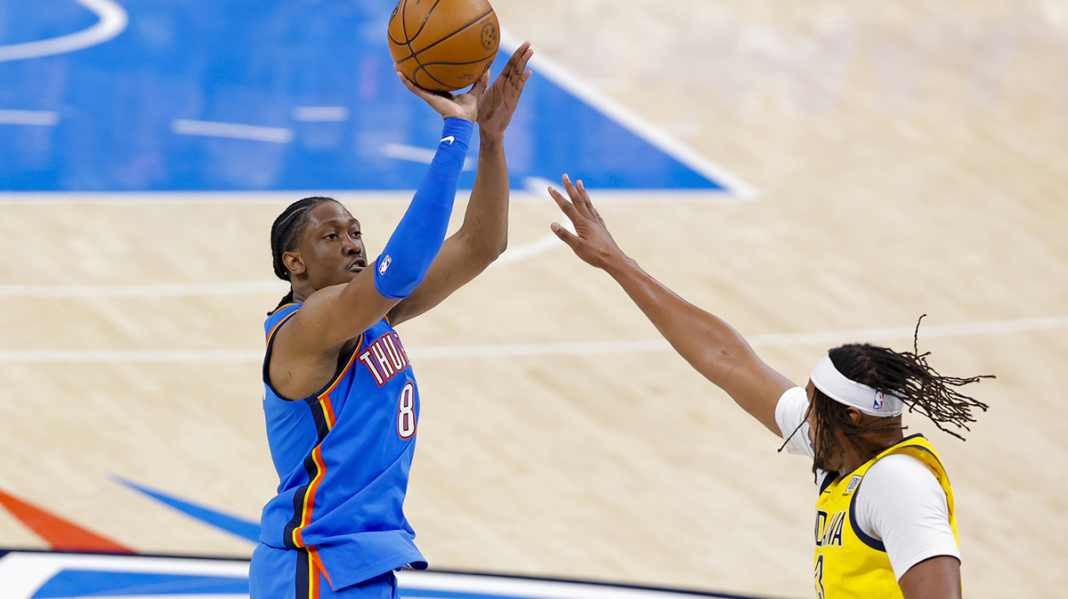 Thunder forward Jalen Williams (8) shoots over Indiana Pacers center Myles Turner (33) during the second quarter of game two of the 2025 NBA Finals at Paycom Center