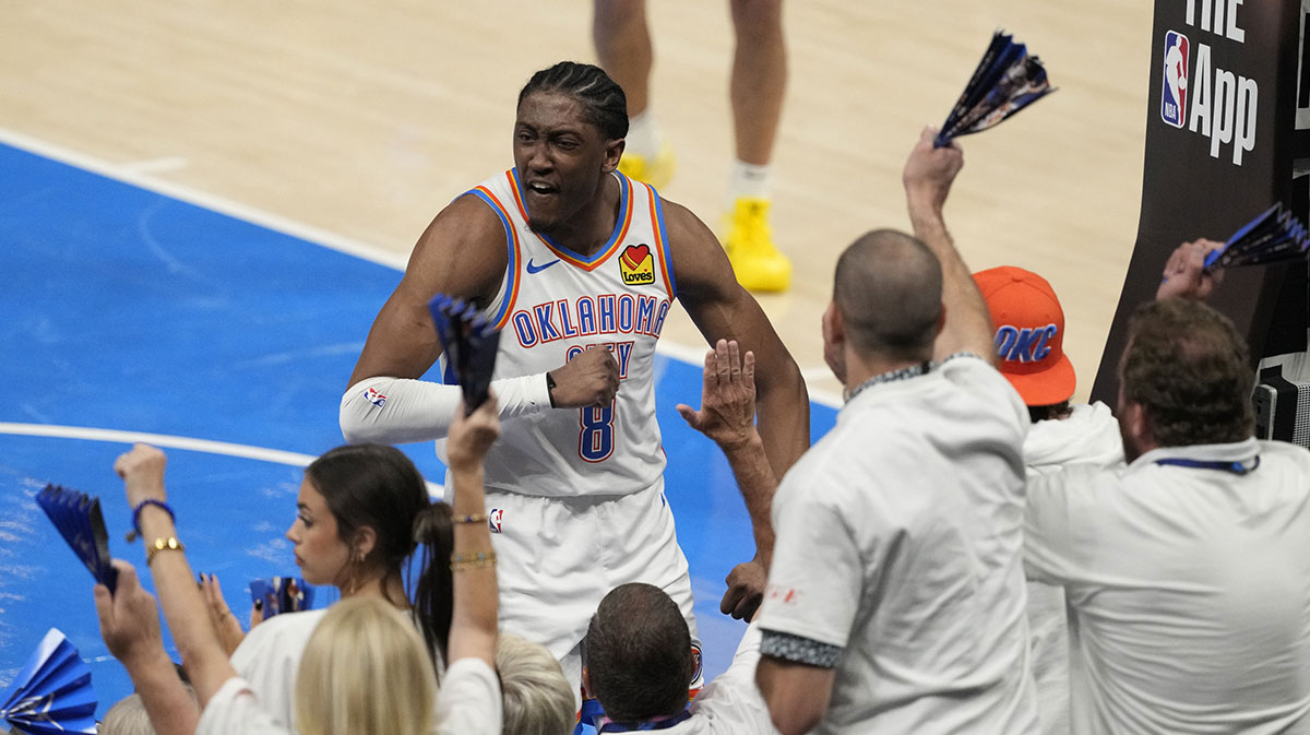Thunder forward Jalen Williams (8) reacts during the third quarter of game five of the 2025 NBA Finals against the Indiana Pacers at Paycom Center