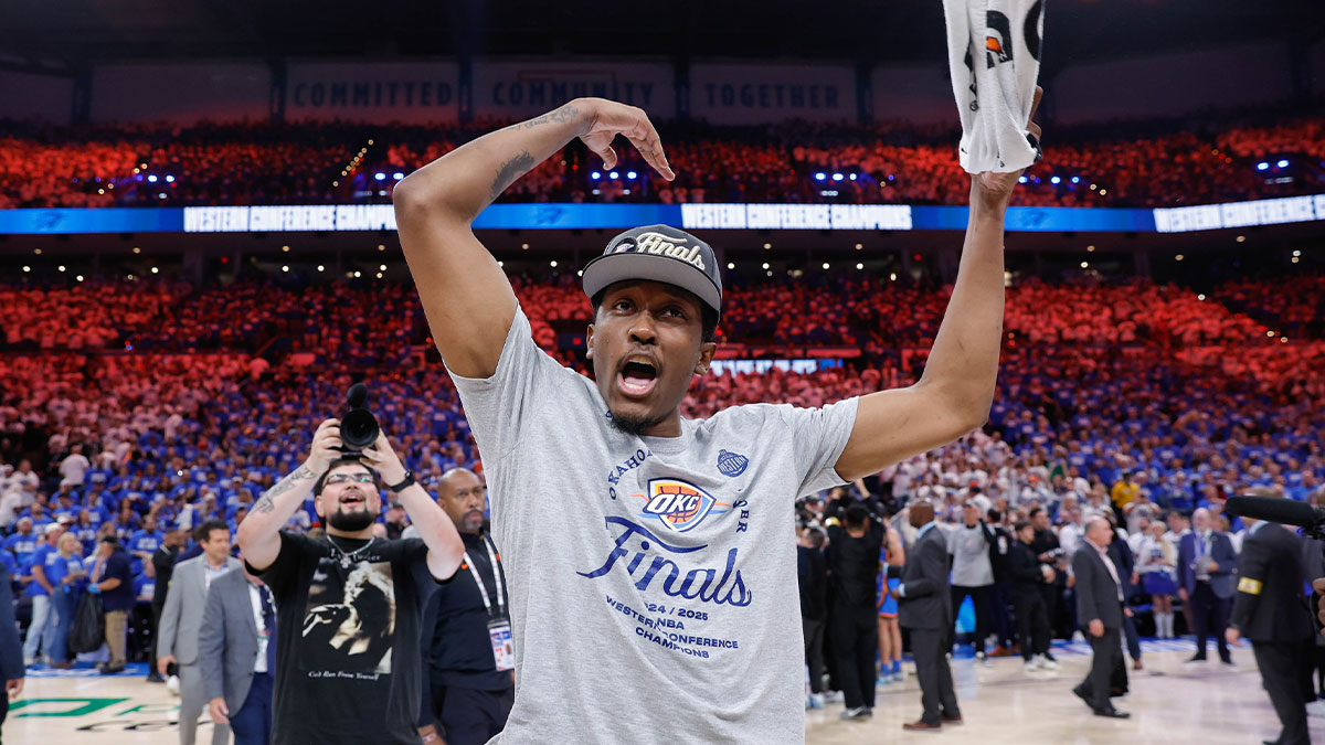 Thunder forward Jalen Williams celebrates after his team defeated the Minnesota Timberwolves during game five of the western conference finals for the 2025 NBA Playoffs at Paycom Center