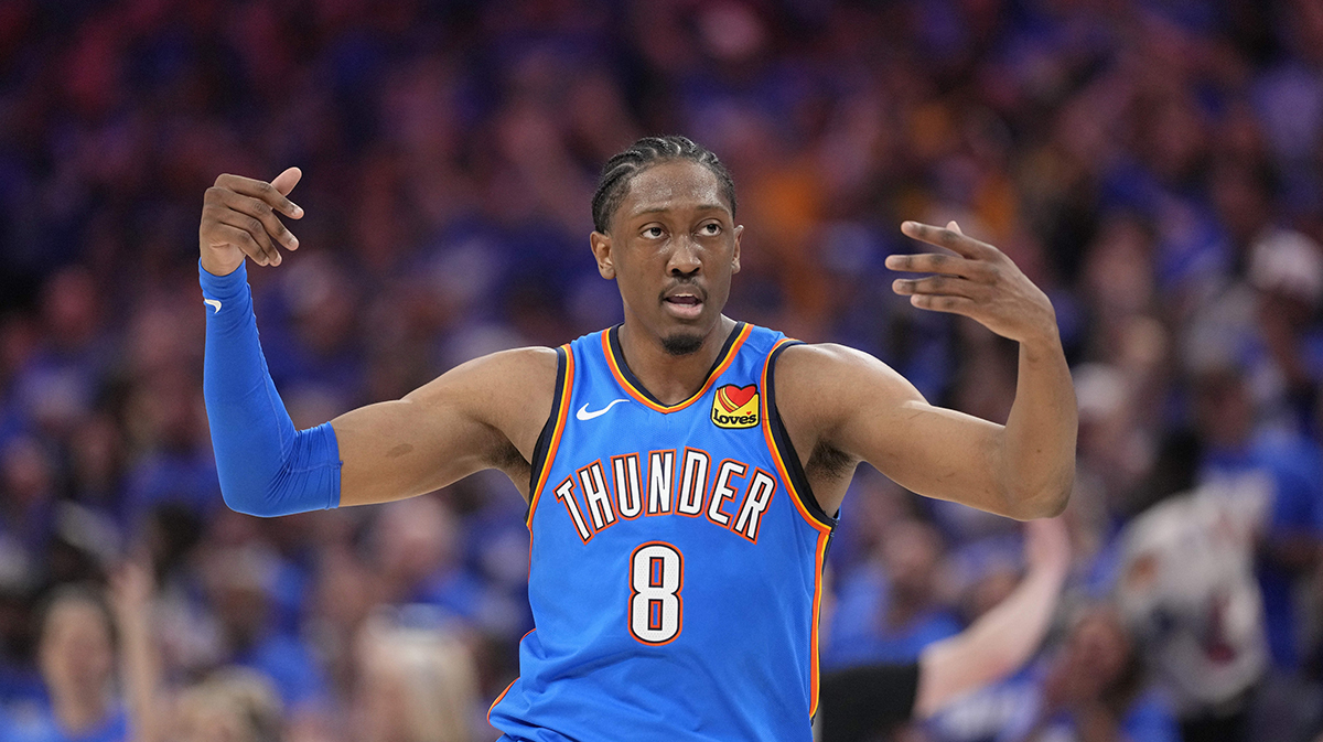 Thunder forward Jalen Williams (8) reacts after a play against the Indiana Pacers during the first half during game two of the 2025 NBA Finals at Paycom Center
