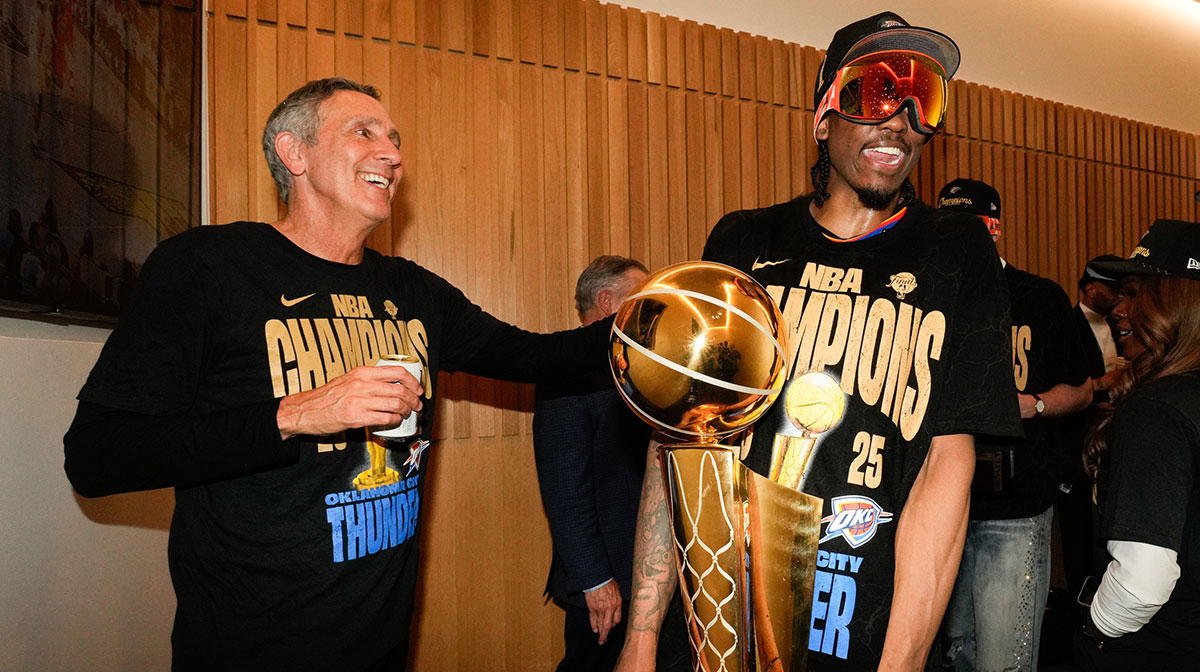 Thunder forward Jalen Williams (8) celebrates after winning game seven of the 2025 NBA Finals against the Indiana Pacers at Paycom Center