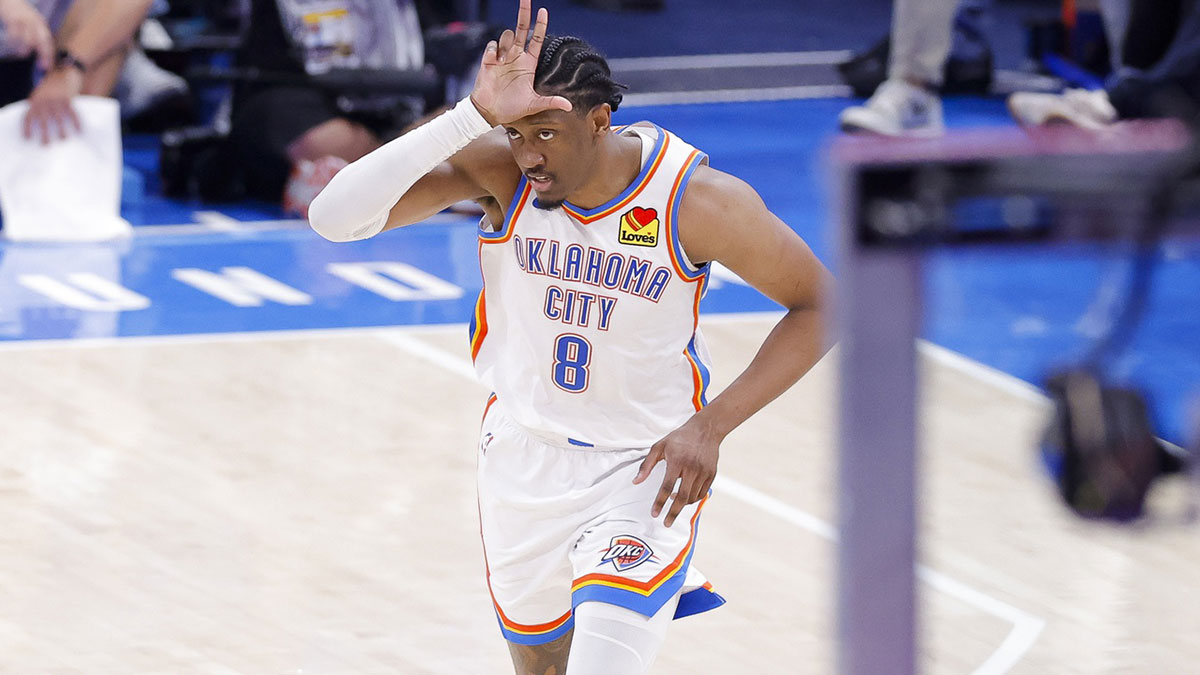 Thunder forward Jalen Williams (8) celebrates during the fourth quarter against the Indiana Pacers in game five of the 2025 NBA Finals at Paycom Center