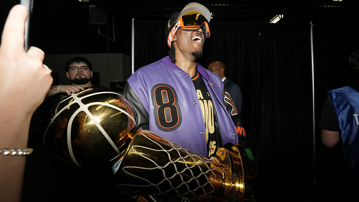 Thunder forward Jalen Williams (8) celebrates after winning game seven of the 2025 NBA Finals against the Indiana Pacers at Paycom Center