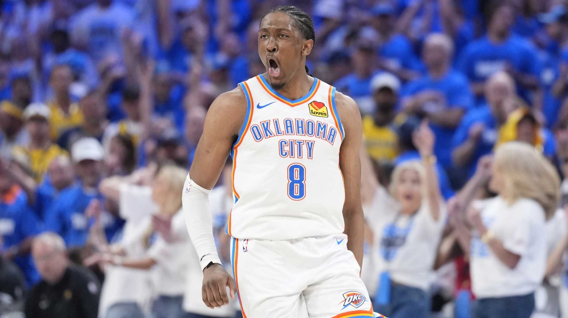 Thunder forward Jalen Williams (8) reacts during the fourth quarter of game five of the 2025 NBA Finals against the Indiana Pacers at Paycom Center