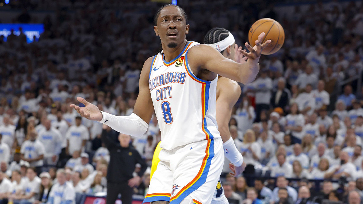 Thunder forward Jalen Williams (8) reacts to a call during the third quarter against the Indiana Pacers during game one of the 2025 NBA Finals at Paycom Center