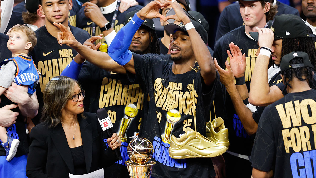 Thunder guard Shai Gilgeous-Alexander (2) makes a heart gesture as the Oklahoma City Thunder celebrate after winning game seven of the 2025 NBA Finals against the Indiana Pacers at Paycom Center